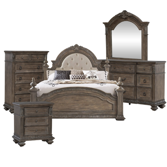 Brown & Beige King Poster Bedroom Set with Dresser, Mirror, Chest & Nightstand – Rustic Hickory Veneers, Sand Linen Upholstery, Antique Brass Accents