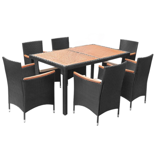 Outdoor Patio Dining Set | Acacia Wood Table and Chairs with Plush Cushions | Stylish Wicker Patio Furniture for Comfort and Elegance