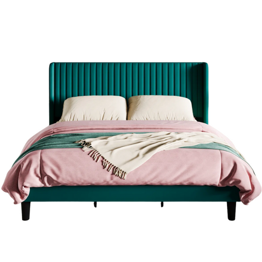 Luxurious King Size Upholstered Velvet Platform Bed with Modern Wingback Headboard – Heavy-Duty Steel Frame, No Box Spring Needed, and Ample Under-Bed Storage