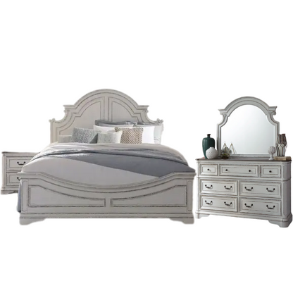 Upholstered Bed, Dresser, Mirror, and Nightstand Set in Antique White – Timeless Elegance, Refined Craftsmanship, and Distinctive Style