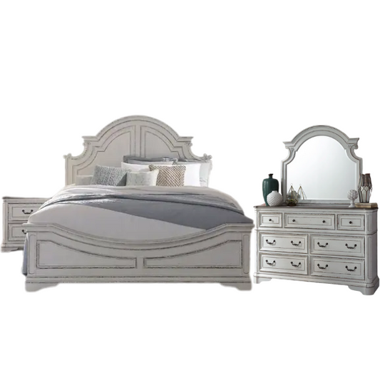 Upholstered Bed, Dresser, Mirror, and Nightstand Set in Antique White – Timeless Elegance, Refined Craftsmanship, and Distinctive Style