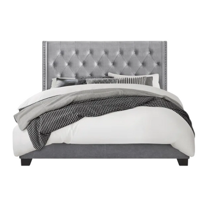King Size Upholstered Low-Profile Bed with Wingback Headboard, Button Tufting, and Nailhead Trim – Glamorous, Traditional Design with Flared Legs