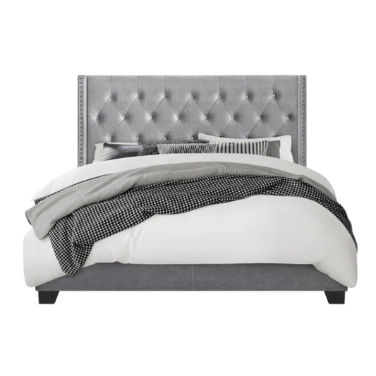 King Size Upholstered Low-Profile Bed with Wingback Headboard, Button Tufting, and Nailhead Trim – Glamorous, Traditional Design with Flared Legs