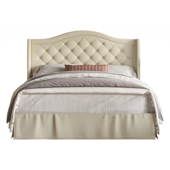 Elegant King Size Upholstered Platform Bed with Arched Camelback Headboard – Nailhead Trim, Diamond Tufting, and Foam Cushioning for Ultimate Comfort