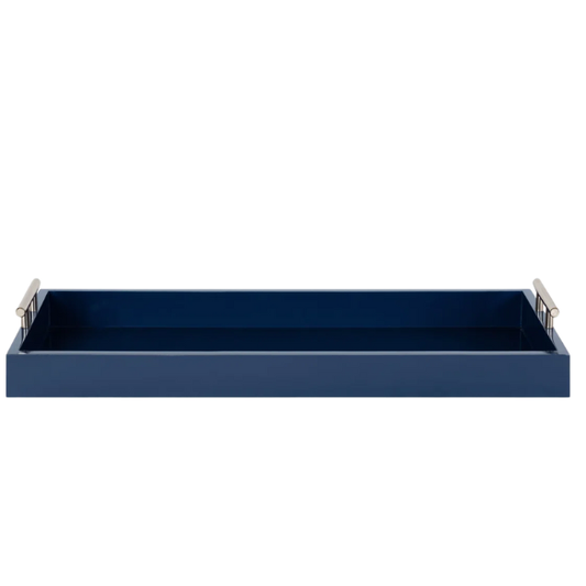 Sleek and Sophisticated Long Rectangular Serving Tray – High Gloss Wood with Polished Metal Handles, Perfect for Entryway, Vanity, or Coffee Table