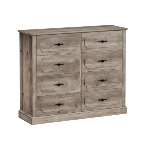 Classic Modern 8-Drawer Double Dresser with Picture Frame Paneling, Decorative Black Metal Handles, and French Country Style