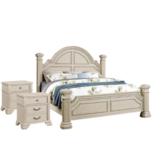 Elegant Traditional 3-Piece Wood Poster Bedroom Set with Beaded Trim, Reeded Posts, and USB Nightstands