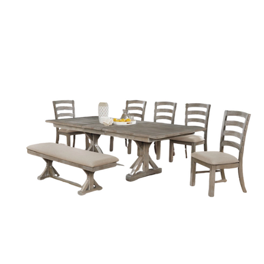 7-Piece Rustic Trestle Dining Set – Upholstered Chairs & Bench