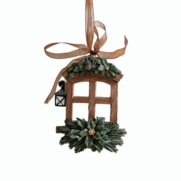 Rustic Window Frame Christmas Ornament with Lantern and Greenery – Farmhouse Holiday Décor
