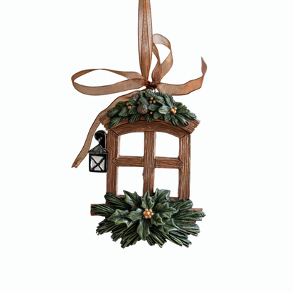 Rustic Window Frame Christmas Ornament with Lantern and Greenery – Farmhouse Holiday Décor