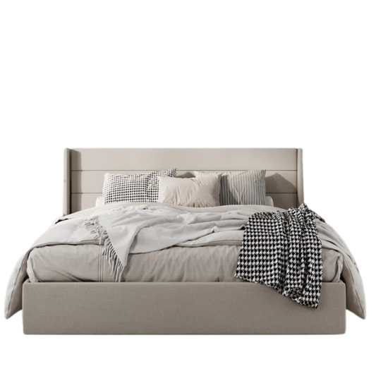 Modern King Size Upholstered Platform Bed with Hydraulic Lift Storage – Sleek Grooved Headboard, Space-Saving Design, and No Box Spring Needed