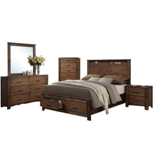 Rustic Cabin-Inspired 3-Piece King Bedroom Set – Durable Bed with Headboard Shelves and Footboard Drawers, Matching Nightstand and Dresser for Ample Storage