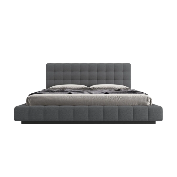 Upholstered Platform Bed with Square-Tufted Headboard, Basketweave Design, and Solid Eucalyptus Wood Frame – No Box Spring Needed
