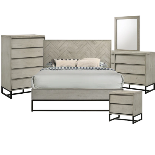 Industrial Mid-Century Modern Platform Bedroom Set with Herringbone Design Headboard – Stylish and Versatile
