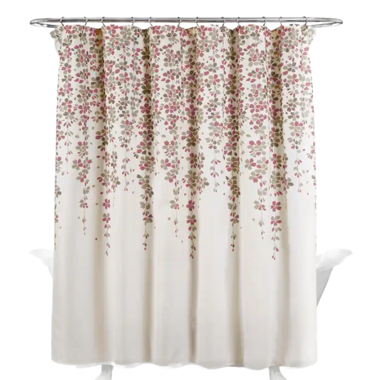 Burgundy, Grey, and White Weeping Flower Shower Curtain – Elegant Floral Bathroom Décor, 72" x 72"