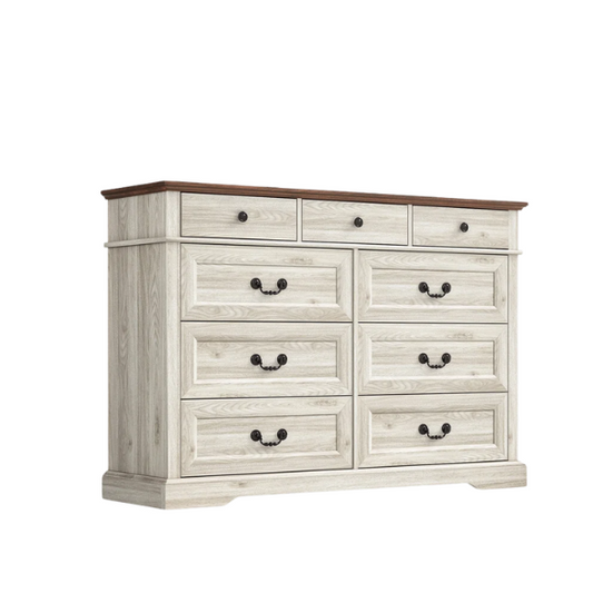 Rustic Modern 9-Drawer 53.5'' Double Dresser with Inset Paneling, Crown Molding, and Customizable Metal Handles