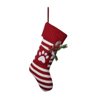 Red & White Striped Christmas Stocking with Embroidered White Paw – Festive Holiday Decor & Gift Bag