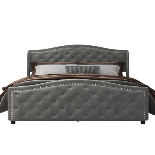 Luxurious King Size Velvet Upholstered Platform Bed with Tufted Camelback Headboard, Nailhead Trim, and 4 Built-In Storage Drawers – Stylish and Functional Bedroom Upgrade