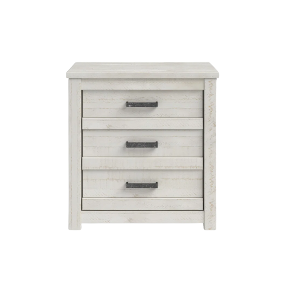 3-Drawer Solid Wood Nightstand – Rustic Distressed Finish, Clean-Lined Plank Design, Metal Hardware for Easy Access, Perfect for Storing Bedside Essentials in Traditional Bedrooms