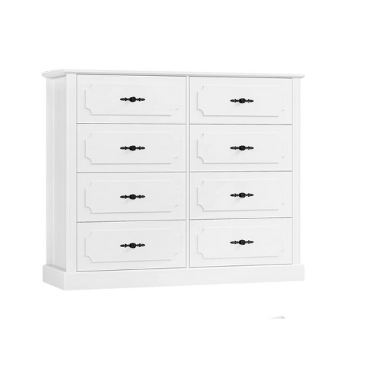 Classic Modern 8-Drawer Double Dresser with Picture Frame Paneling, Decorative Black Metal Handles, and French Country Style