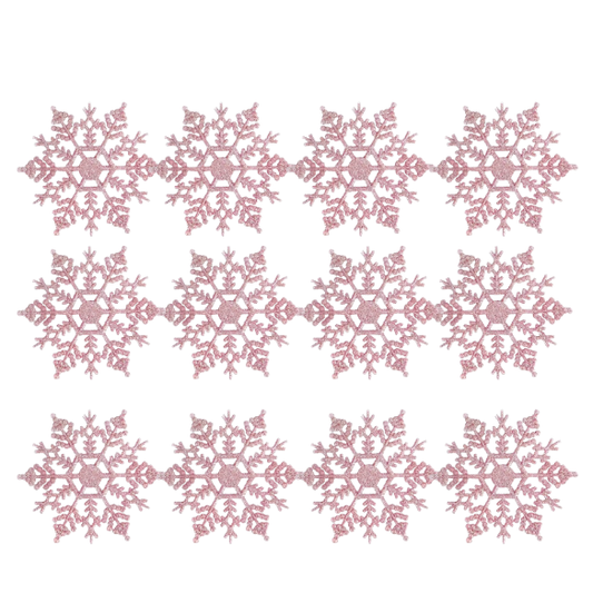 Pink Glitter Snowflake Christmas Ornaments – Whimsical Holiday Décor Set (12 Pieces)