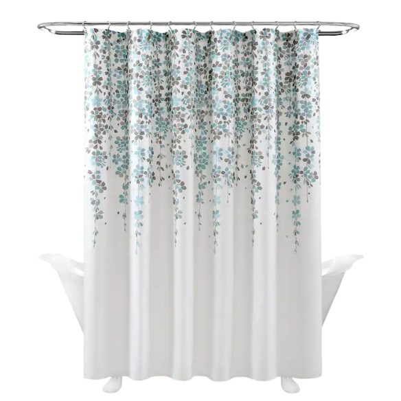 Blue and Grey Weeping Flower Shower Curtain – Floral Nature-Inspired Bath Décor, 72" x 72"