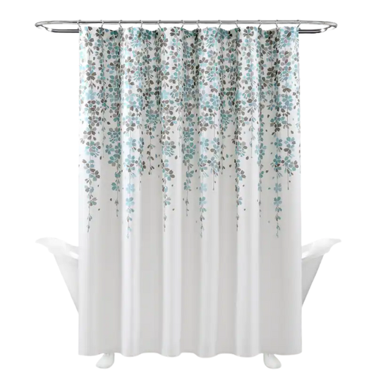 Blue and Grey Weeping Flower Shower Curtain – Floral Nature-Inspired Bath Décor, 72" x 72"