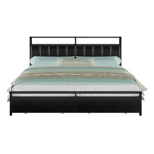 Modern LED King Size Bed Frame with Storage Drawers and Built-in Charging Station