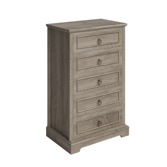 French Country-Inspired 5-Drawer Chest with Metal Ring Handles, Paneled Detailing, and Classic Crown Molding