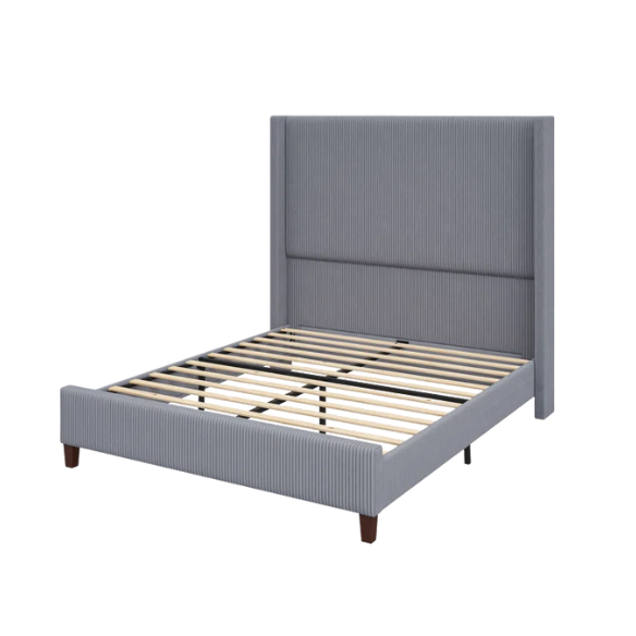 Queen Size Upholstered Wingback Platform Bed in Ribbed Corduroy Fabric