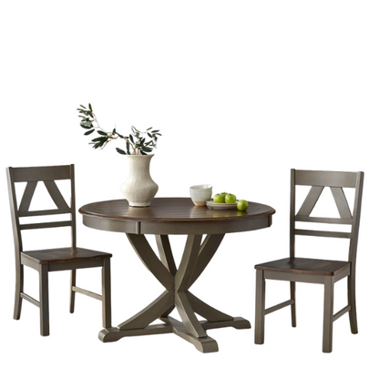 Charming Country-Style Dining Set with Rustic Appeal – Round Table & Geometric Back Chairs