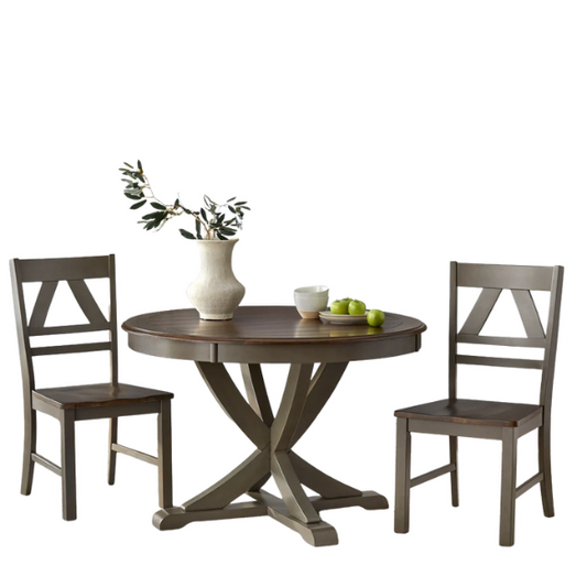 Charming Country-Style Dining Set with Rustic Appeal – Round Table & Geometric Back Chairs