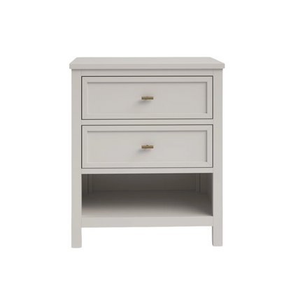 2-Drawer Nightstand – Traditional Solid Wood Frame with Inset Paneling, Neutral Finish, Gold Coastal-Inspired Drawer Pulls, Clean Lines & Spacious Surface for Bedroom Essentials