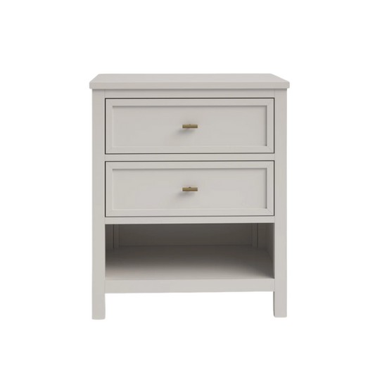 2-Drawer Nightstand – Traditional Solid Wood Frame with Inset Paneling, Neutral Finish, Gold Coastal-Inspired Drawer Pulls, Clean Lines & Spacious Surface for Bedroom Essentials