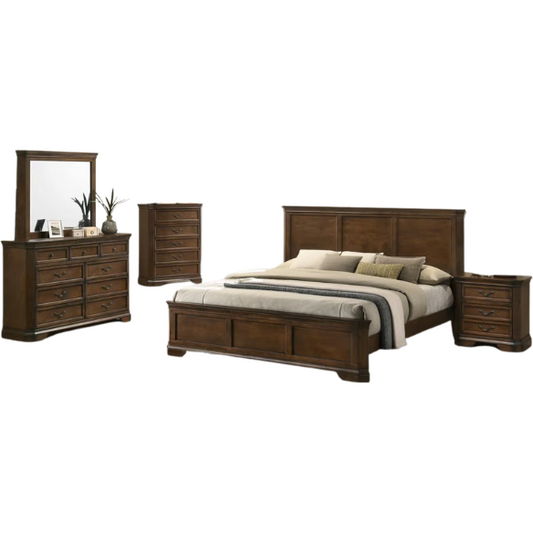 Traditional Wood Panel Bedroom Set with Dresser, Mirror, Nightstand, and Chest in Antique Walnut Finish