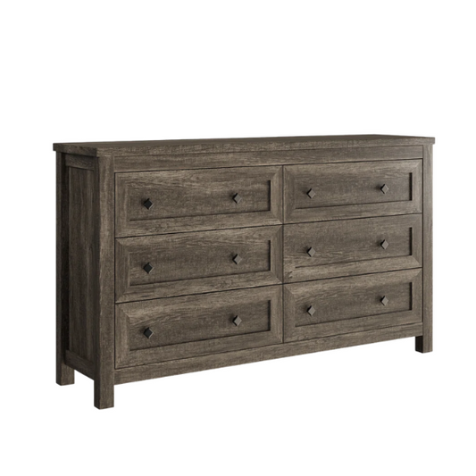6-Drawer Dresser – A Perfect Blend of Rustic Charm and Industrial Elegance, Featuring a Clean-Lined Silhouette and Weathered Finish. Crafted from Solid and Engineered Wood