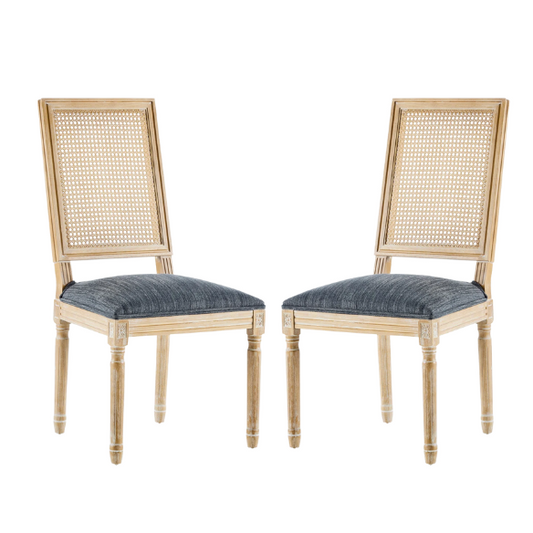 French Country Wood and Cane Upholstered Dining Chairs – Weathered Rubberwood Frame with Fluted Legs & Rectangular Cane Backrest