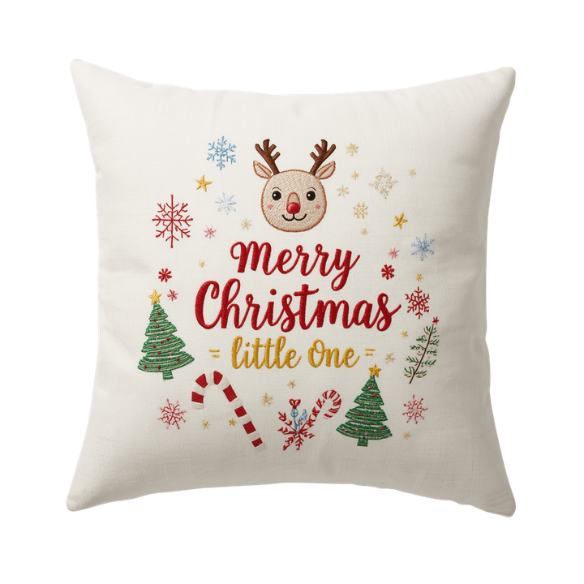 Off-White Embroidered Throw Pillow with Festive Christmas Reindeer Design