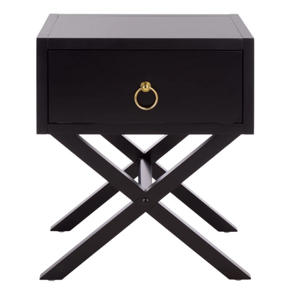 1-Drawer Nightstand – Classic Campaign Style with Contemporary Chic, Acacia Wood Frame, Cross-Base Design, Bold Finish, Gold Drawer Pull, Perfect for Modern Bedrooms