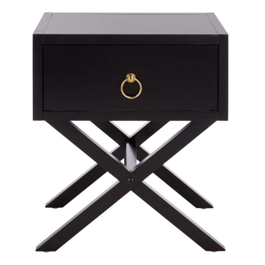 1-Drawer Nightstand – Classic Campaign Style with Contemporary Chic, Acacia Wood Frame, Cross-Base Design, Bold Finish, Gold Drawer Pull, Perfect for Modern Bedrooms