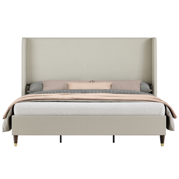 King Size Upholstered Platform Bed with Wingback Design, Foam-Padded Linen Headboard, and Steel Reinforced Frame