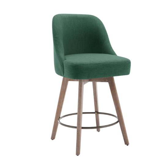 Modern Counter Height Swivel Bar Stool – Upholstered Faux Leather/Polyester Blend Seat, Solid Beech Wood Frame, Ergonomic High Back, Bronze Metal Footrest, 300lb Capacity for Kitchen, Bar, or Pub