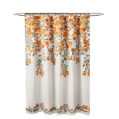 Orange and Teal Floral Vine Shower Curtain – Shabby Chic Farmhouse Elegance, 72" x 72"
