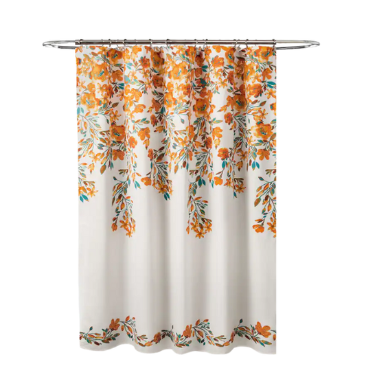 Orange and Teal Floral Vine Shower Curtain – Shabby Chic Farmhouse Elegance, 72" x 72"