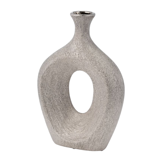 Abstract Sculptural Ceramic Vase with Unique Oval Cut-Out Design – 13" Modern Beaded Accent Vase for Tabletop or Shelf Décor, Ideal for Faux Florals and Statement Styling