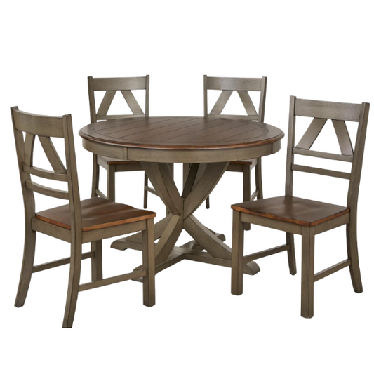 Country-Style 5-Piece Dining Set – Round Beadboard Table with X-Base and Geometric Back Chairs