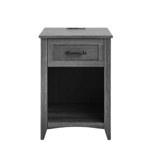 Farmhouse-Style Nightstand with Built-In Charging Station – Engineered Wood, Spacious Top, Drawer & Open Compartment, Matte Black Metal Handle, USB-A & USB-C Ports, AC Outlets, Ideal for Bedroom or Living Room