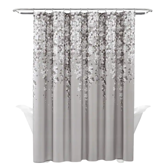 Grey and White Weeping Flower Shower Curtain – Modern Farmhouse Floral Bathroom Décor, 72" x 72"