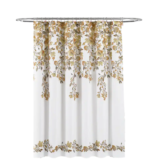 Yellow and Grey Floral Vine Shower Curtain – Shabby Chic Farmhouse Style, 72" x 72"