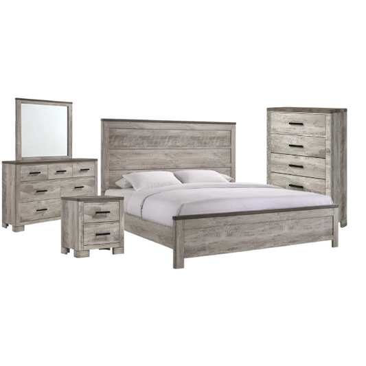 Coastal Farmhouse-Inspired King Size Bedroom Set: Distressed Whitewash Finish with Natural Brown Accents – Includes Platform Bed, 2-Drawer Nightstand, 7-Drawer Dresser with Mirror, and Optional 5-Drawer Chest for Complete Storage Solution